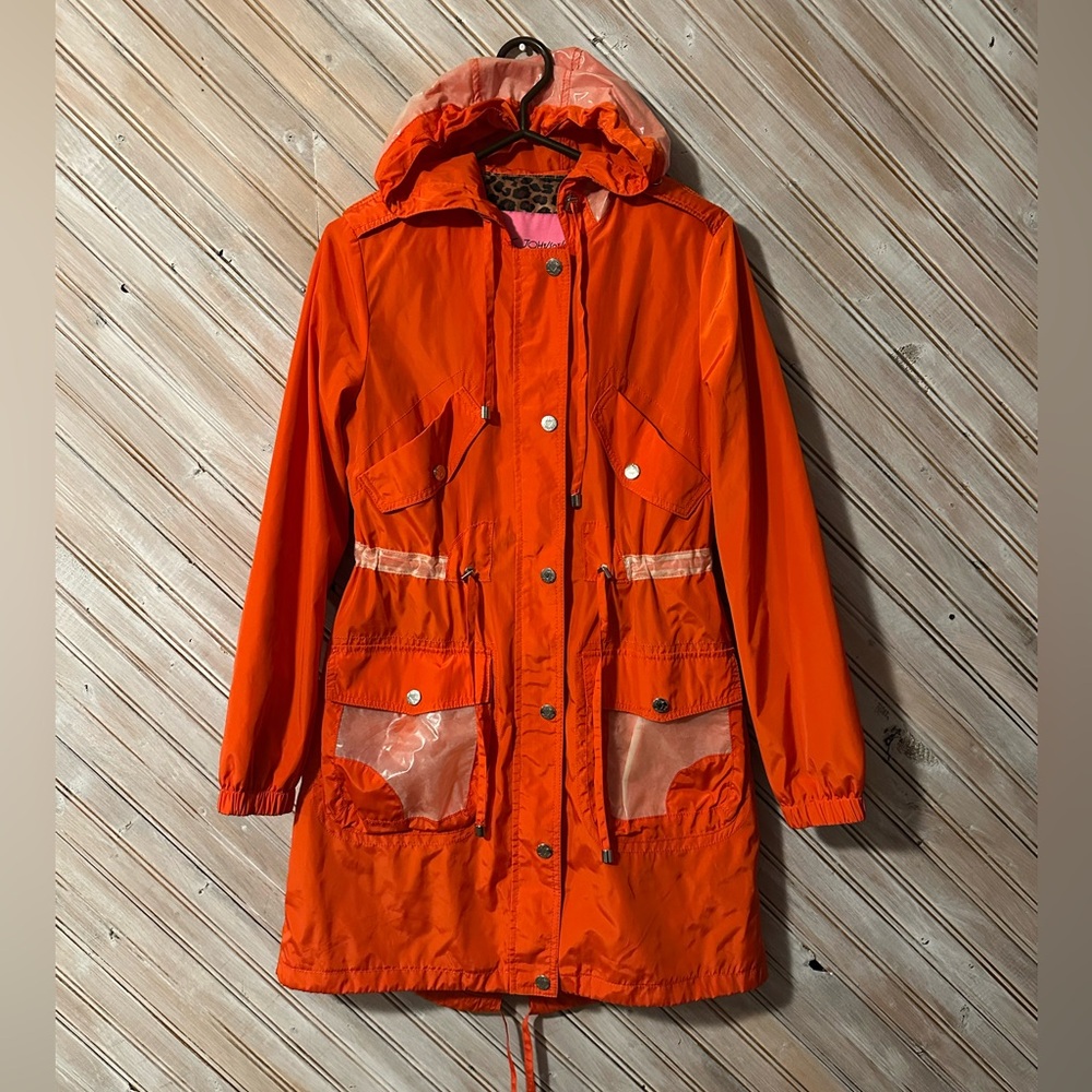 Betsey Johnson Orange Leopard Lined Rain Coat Designer Jacket